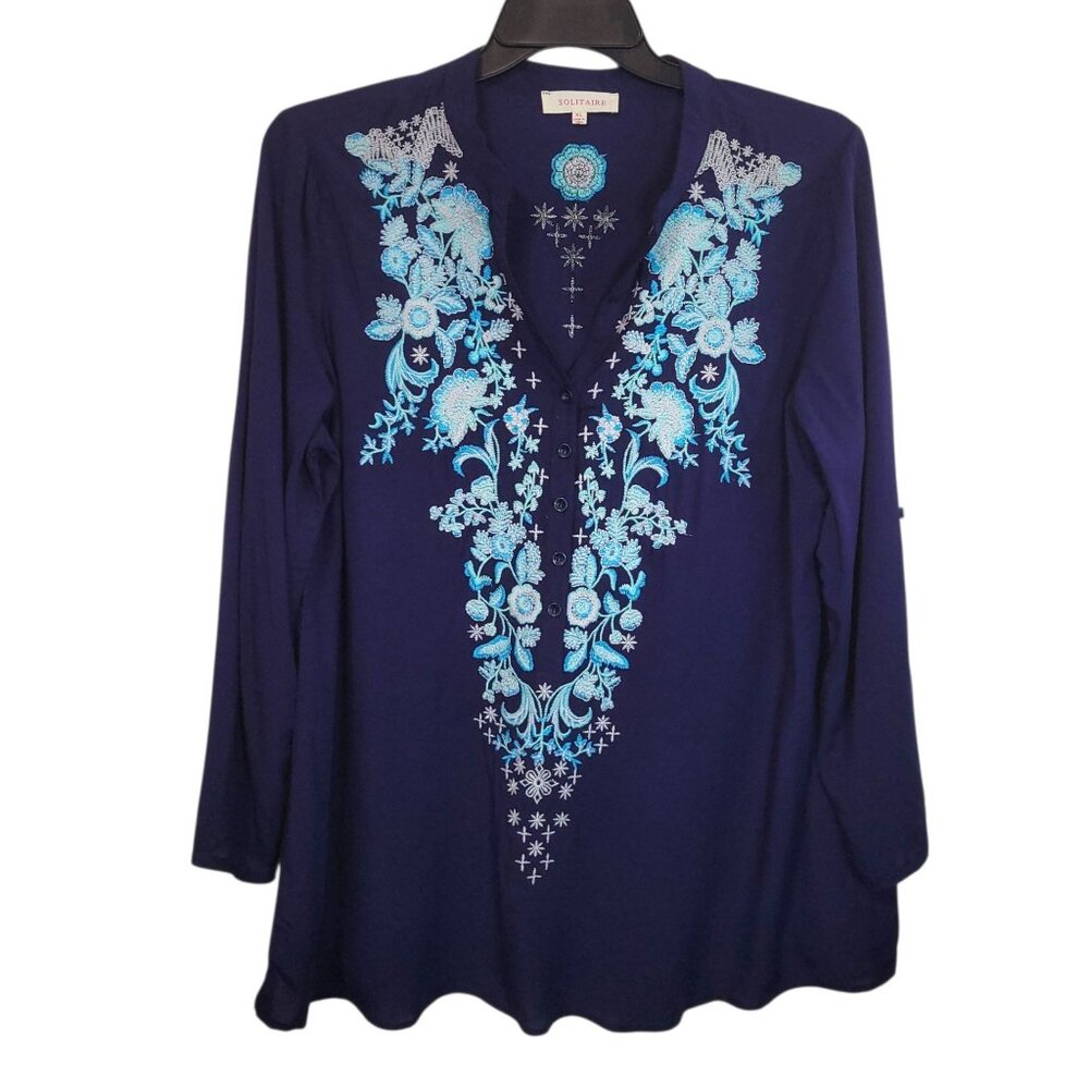 Solitaire Navy Blue Long Sleeve Embroidered Tunic Top XL Rayon Button Roll-Up Sl